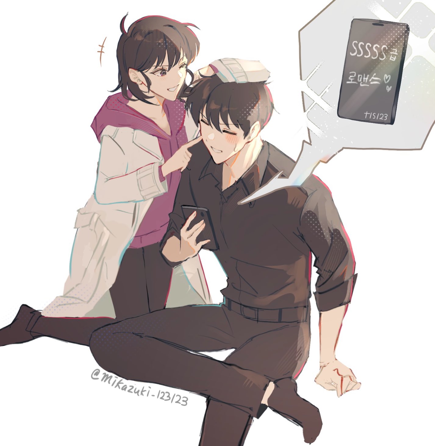 mikazuki 123123, han sooyoung, kim dokja, omniscient reader's viewpoint, highres, 1boy, 1girl, ;d, black hair, black shirt, black socks, cheek poking, closed eyes, coat, collared shirt, crossed legs, flustered, full body, grin, hetero, hood, hoodie, kneeling, korean text, one eye closed, open clothes, open coat, open mouth, pantyhose, poking, purple hoodie, shirt, short hair, sitting, sleeves rolled up, smile, socks, sweat, white coat