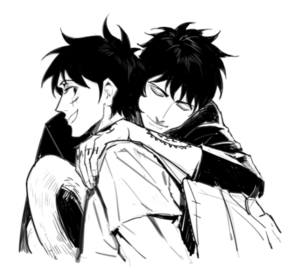evanolge, monkey d. luffy, trafalgar law, one piece, commentary request, 2boys, arm tattoo, closed eyes, closed mouth, cropped torso, facial scar, greyscale, grin, hand on another's shoulder, hand tattoo, hat, hug, long sleeves, looking back, male focus, monochrome, multiple boys, scar, scar on cheek, scar on face, short sleeves, smile, straw hat, tattoo, teeth, unworn hat, unworn headwear, white background, yaoi