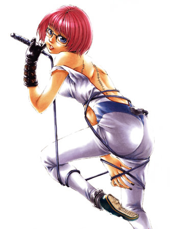 takanashi ringo, bad id, bad pixiv id, lowres, 1girl, ass, female focus, glasses, gloves, red hair, scar, short hair, solo, stitches, whip