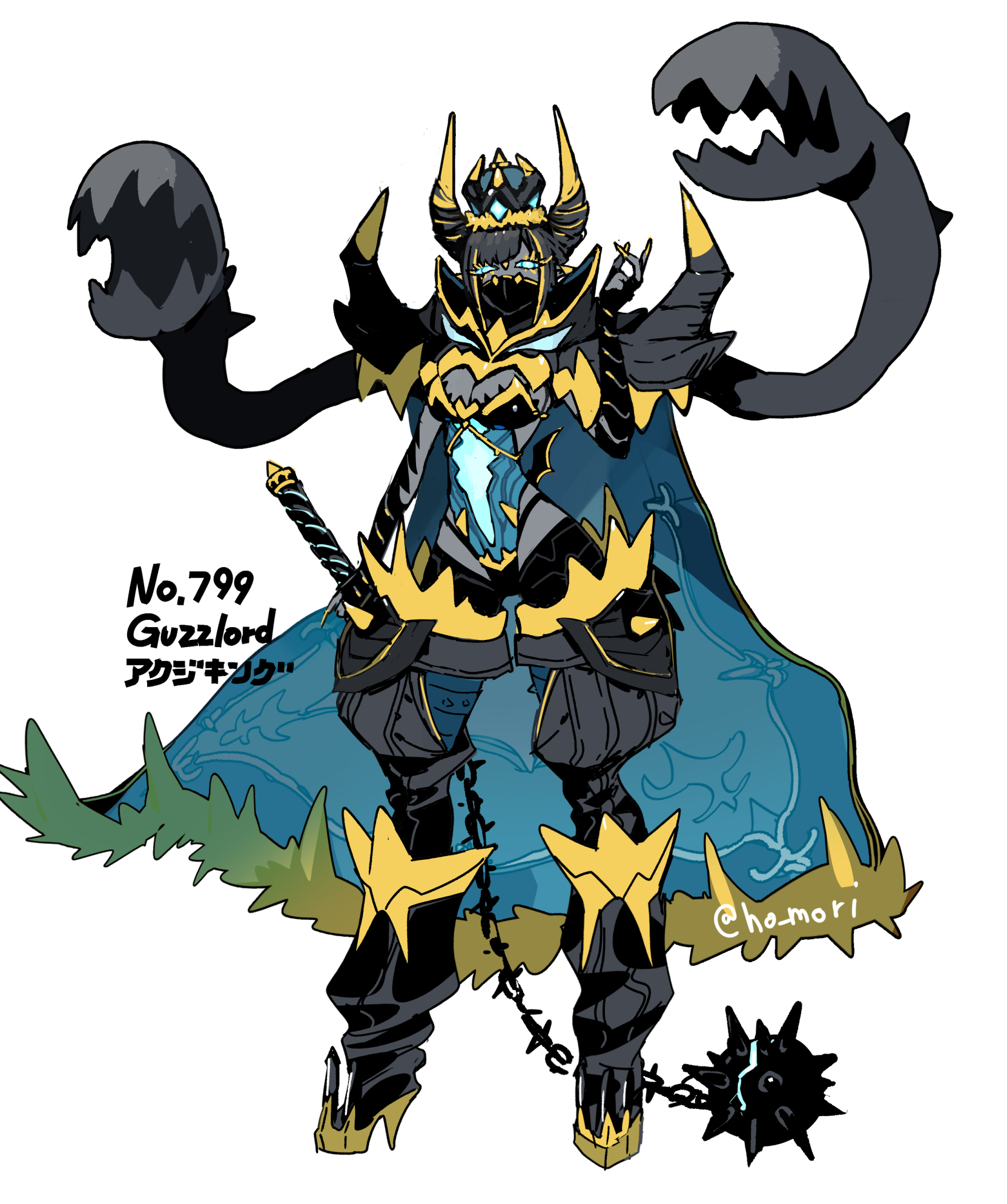 harurie, guzzlord, nintendo, pokemon, highres, 1girl, aqua eyes, aqua sclera, armor, black bridal gauntlets, black hair, black pants, blue cape, blue leotard, breasts, bridal gauntlets, cape, character name, cleavage, colored sclera, colored skin, crown, full body, fur-trimmed cape, fur trim, gen 7 pokemon, gold trim, grey skin, high heels, holding flail, leotard, looking at viewer, mask, mouth mask, pants, personification, pokedex number, pokemon (creature), shoes, simple background, solo, standing, ultra beast, white background, yellow nails, yellow shoes