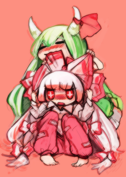 ruto (petatann), ex-keine, fujiwara no mokou, kamishirasawa keine, touhou, bad id, bad pixiv id, 2girls, barefoot, biting, blush, chibi, eating, female focus, full body, green hair, horns, long hair, multiple girls, red eyes, ribbon, sitting, white hair