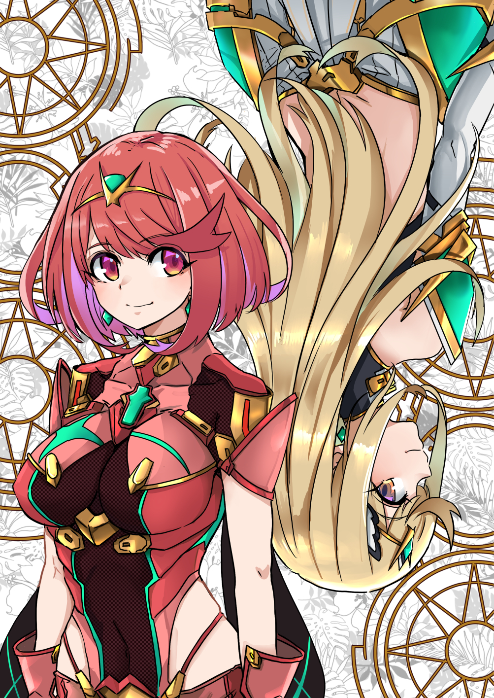 sofusan1526, mythra (xenoblade), pyra (xenoblade), xenoblade chronicles (series), xenoblade chronicles 2, commentary request, highres, 2girls, blonde hair, bob cut, breasts, closed mouth, covered navel, dimples of venus, large breasts, long hair, multiple girls, purple eyes, red eyes, red hair, smile