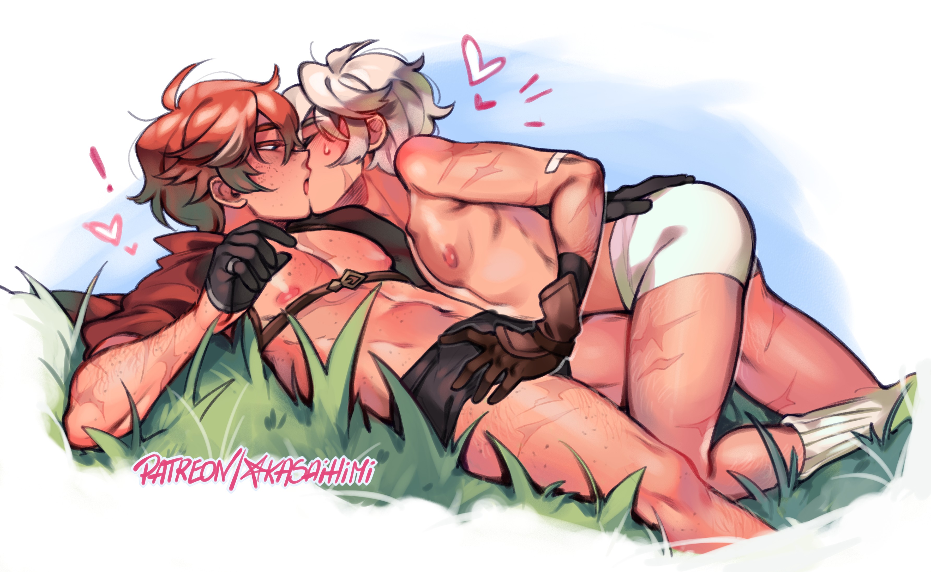 akaihimi, bennett (genshin impact), tartaglia (genshin impact), genshin impact, absurdres, highres, !, 2boys, bandaid, bandaid on arm, black gloves, black male underwear, blush, boxer briefs, brown gloves, closed eyes, couple, french kiss, gloves, heart, jewelry, kiss, lying, male underwear, multiple boys, navel, nipples, on back, on grass, patreon username, ring, scar, scar on arm, scar on chest, scar on thighs, size difference, topless male, underwear, white hair, white male underwear, yaoi