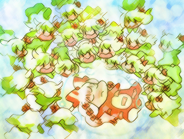 ruto (petatann), ex-keine, fujiwara no mokou, kamishirasawa keine, gake no ue no ponyo, touhou, bad id, bad pixiv id, 6+girls, chibi, closed eyes, female focus, lying, multiple girls, parody