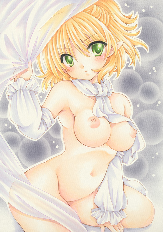 satsuki (gogotaru), mizuhashi parsee, touhou, commentary request, marker (medium), traditional media, 1girl, arm warmers, blonde hair, blush, breasts, closed mouth, cowboy shot, green eyes, grey background, half updo, medium breasts, nipples, nude, pointy ears, scarf, short hair, solo, white scarf