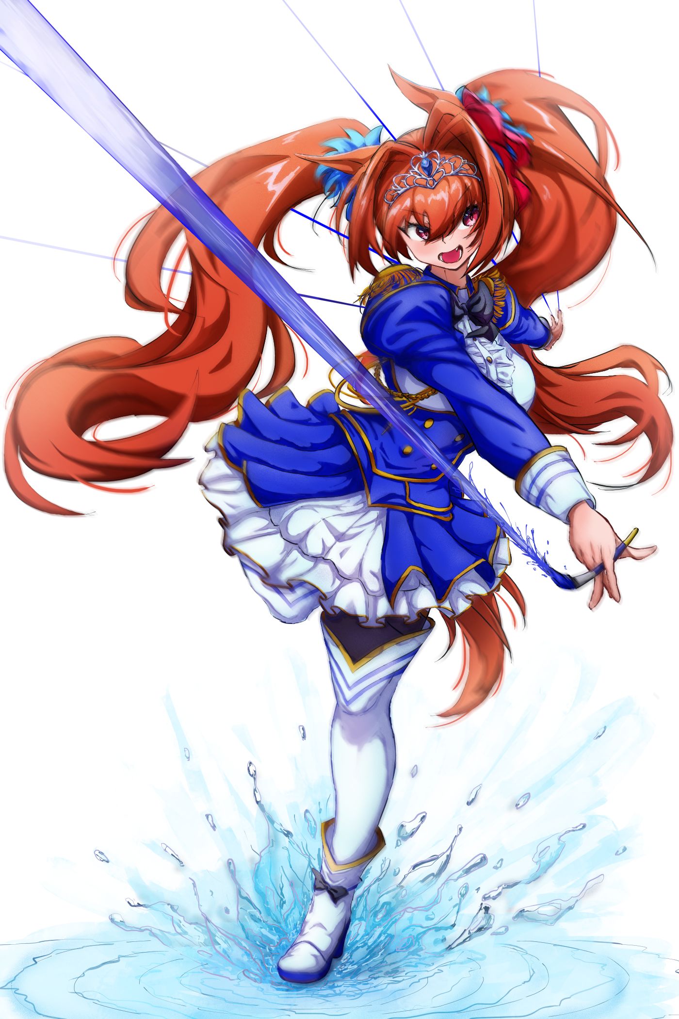 daiwa scarlet (peak blue) (umamusume), daiwa scarlet (umamusume), umamusume, highres, 1girl, animal ears, black pantyhose, blue jacket, blue paint, blue skirt, blush, boots, breasts, brown hair, center frills, epaulettes, fang, framed breasts, frills, full body, hair between eyes, hair intakes, holding, holding paintbrush, horse ears, horse girl, horse tail, jacket, large breasts, layered skirt, long hair, long sleeves, open mouth, paint, paintbrush, pantyhose, red eyes, rika-kiyoshi, shirt, skirt, smile, solo, tail, teeth, tiara, twintails, very long hair, water, white boots, white shirt, white skirt