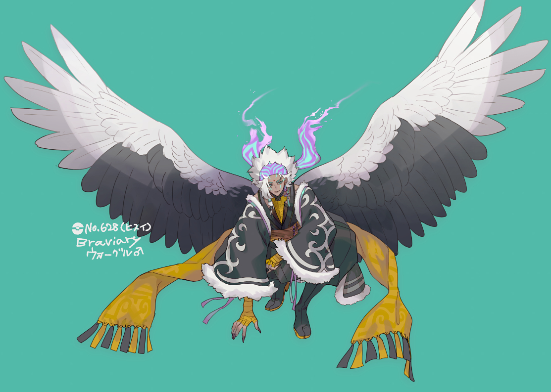 harurie, hisuian braviary, nintendo, pokemon, 1boy, aqua background, aqua eyes, bandana, bird wings, brown sash, dark-skinned male, dark skin, detached sleeves, facial mark, feathered wings, feathers, fingernails, fire, forehead mark, full body, fur-trimmed sleeves, fur trim, grey feathers, grey kimono, grey nails, grey wings, hand wraps, japanese clothes, kimono, looking at viewer, personification, pokemon (creature), purple bandana, purple fire, scarf, sharp fingernails, simple background, solo, squatting, white feathers, white hair, wings, yellow scarf