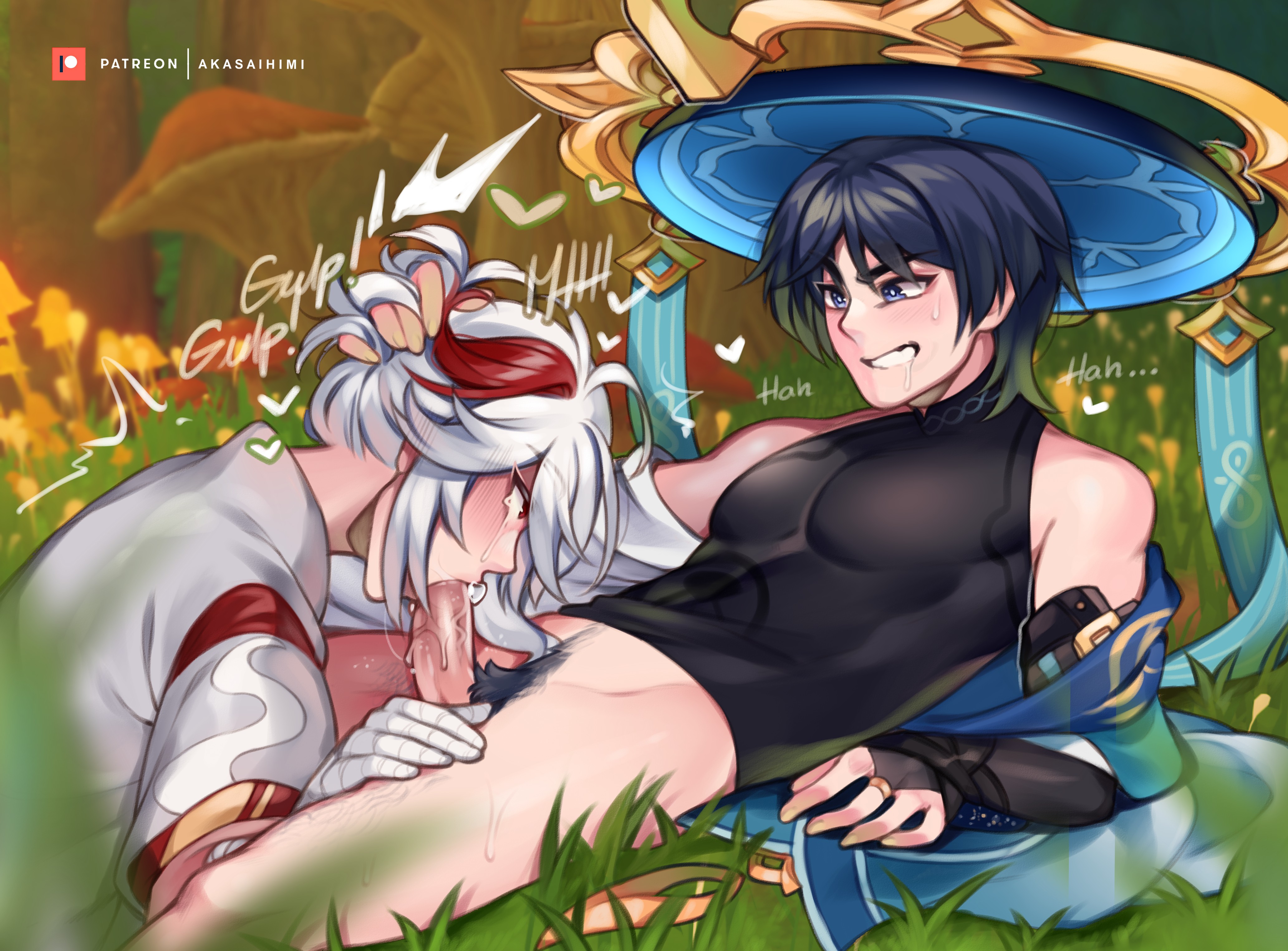 akaihimi, kaedehara kazuha, scaramouche (genshin impact), wanderer (genshin impact), genshin impact, absurdres, highres, 2boys, bandaged arm, bandaged hand, bandages, black bodysuit, black pubic hair, blush, bodysuit, bottomless, covered pectorals, detached sleeves, drooling, ear blush, erection, fellatio, hat, heart, leg hair, looking at another, male focus, moaning, multiple boys, oral, patreon logo, patreon username, pectorals, penis, red hair, short hair, sleeveless, tears, veins, veiny penis, white hair, yaoi