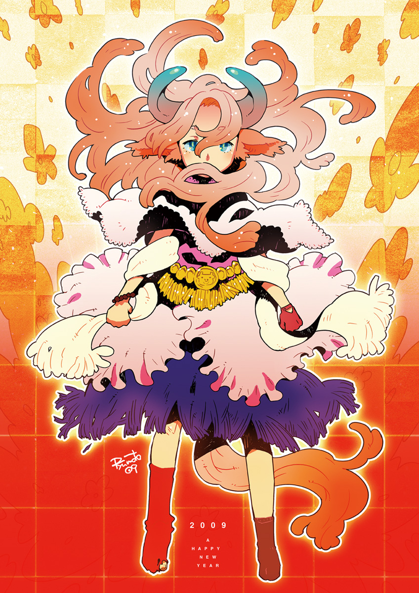 hamamoto ryuusuke, highres, animal ears, blue eyes, dress, horns, long hair, pink hair, socks, solo, tail