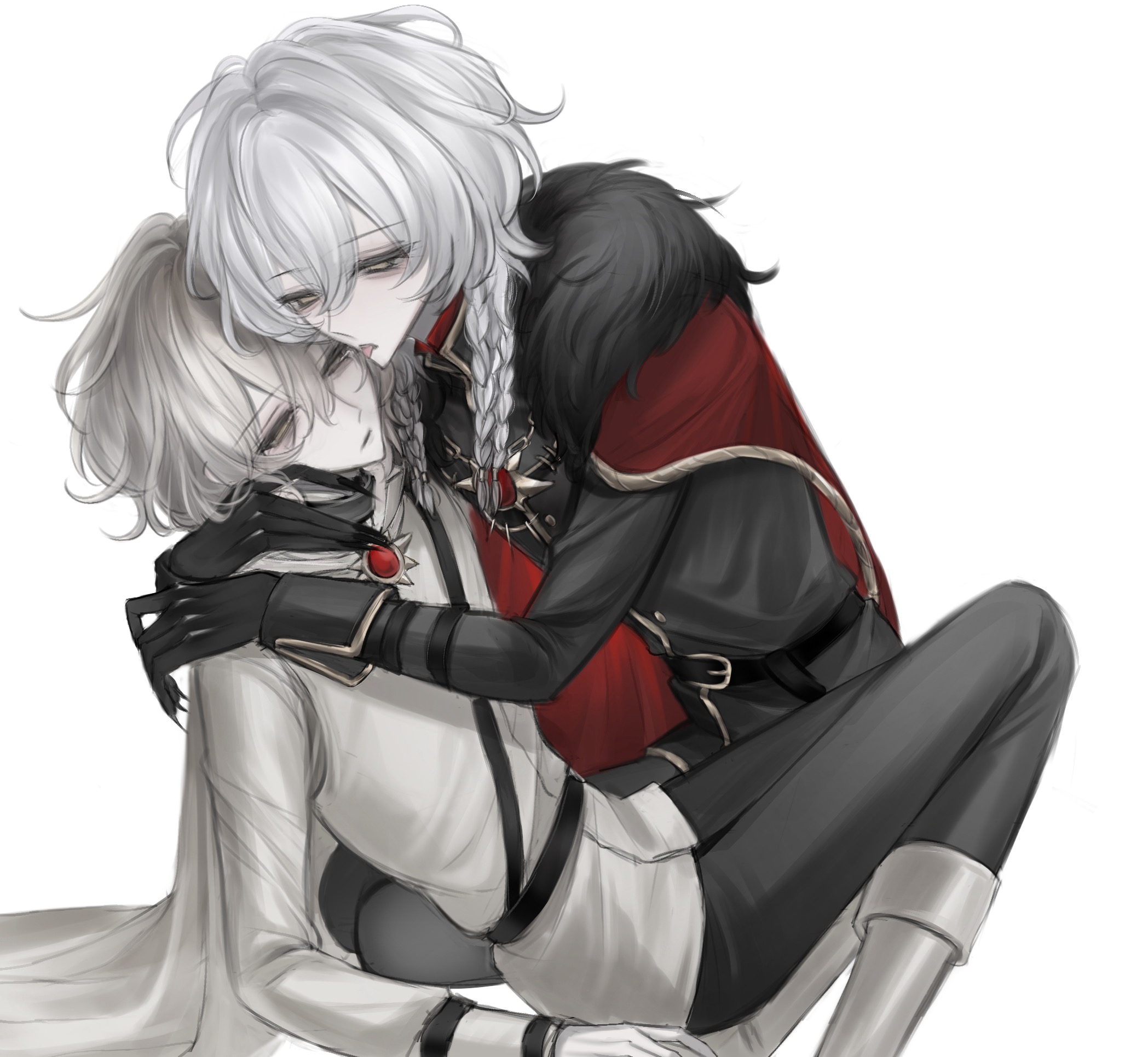 ithaqua (identity v), identity v, highres, 2boys, black gloves, black pants, braid, brothers, cape, fur trim, gloves, grey hair, kbqsy, licking, long sleeves, multiple boys, nathaniel norwell, pale skin, pants, red cape, shirt, short hair, siblings, simple background, tongue, twins, white background, white hair, white shirt, yellow eyes