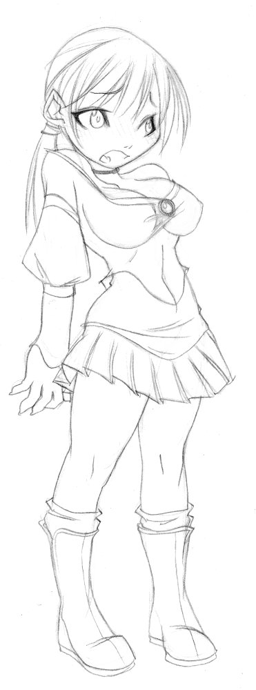 jason robinson, fiona belli, demento, long image, tall image, breasts, choker, midriff, ponytail, scared, sketch, skirt