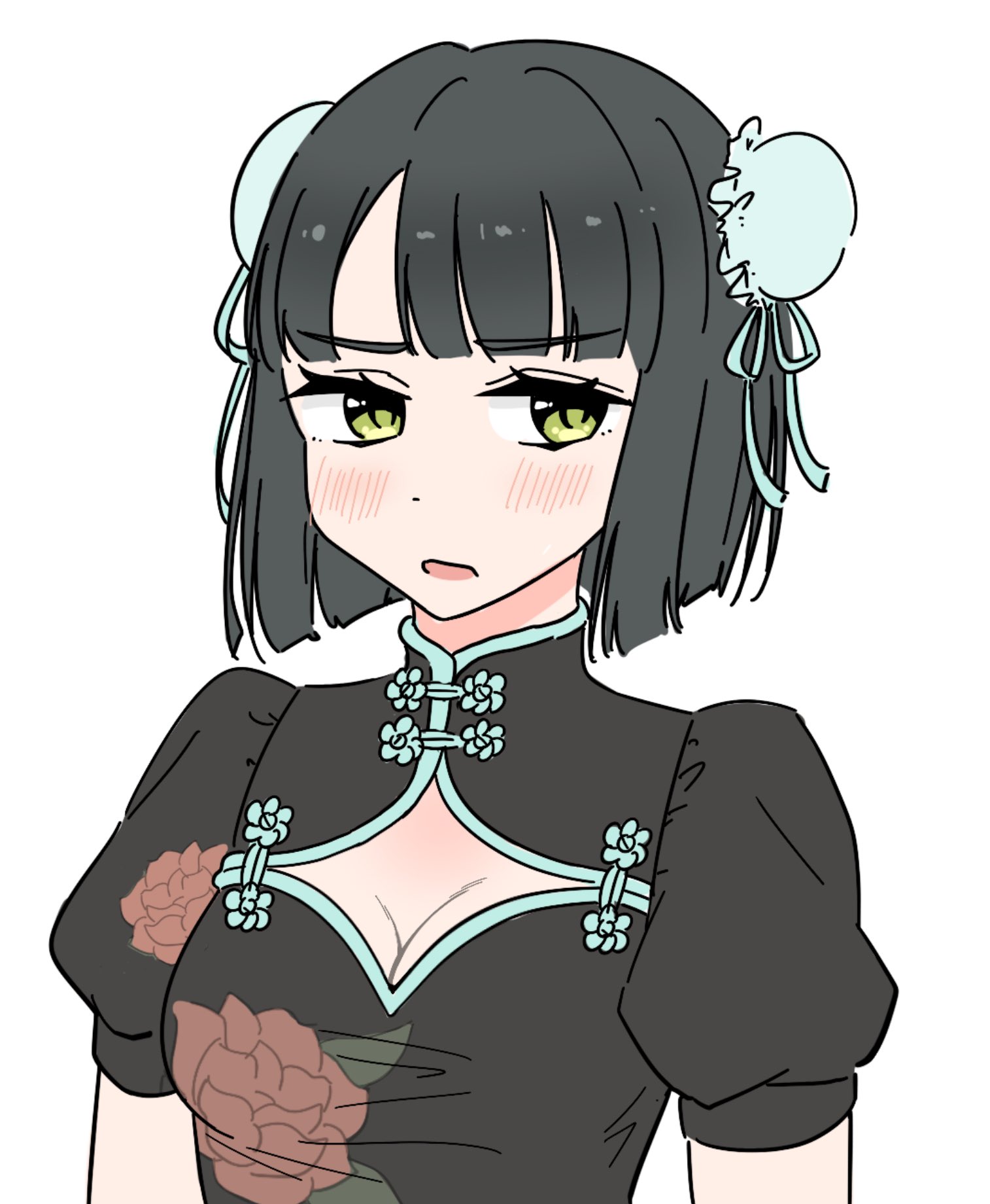 llkapital, momose ginko, link! like! love live!, love live!, commentary request, highres, 1girl, averting eyes, black hair, black shirt, blunt bangs, blunt ends, bob cut, breasts, bun cover, chinese clothes, cleavage, cleavage cutout, clothing cutout, green eyes, hasu no sora pop up shop china collection, looking to the side, medium breasts, official alternate costume, open mouth, puffy short sleeves, puffy sleeves, shirt, short hair, short sleeves, sideways glance, simple background, solo, upper body, virtual youtuber, white background