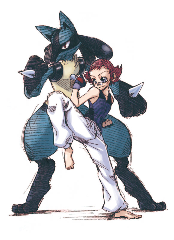 takanashi ringo, lucario, maylene (pokemon), nintendo, pokemon, pokemon dppt, 00s, 1girl, bandaid, barefoot, fighting stance, gen 4 pokemon, gym leader, high kick, kicking, pokemon (creature), red hair, short hair, sketch