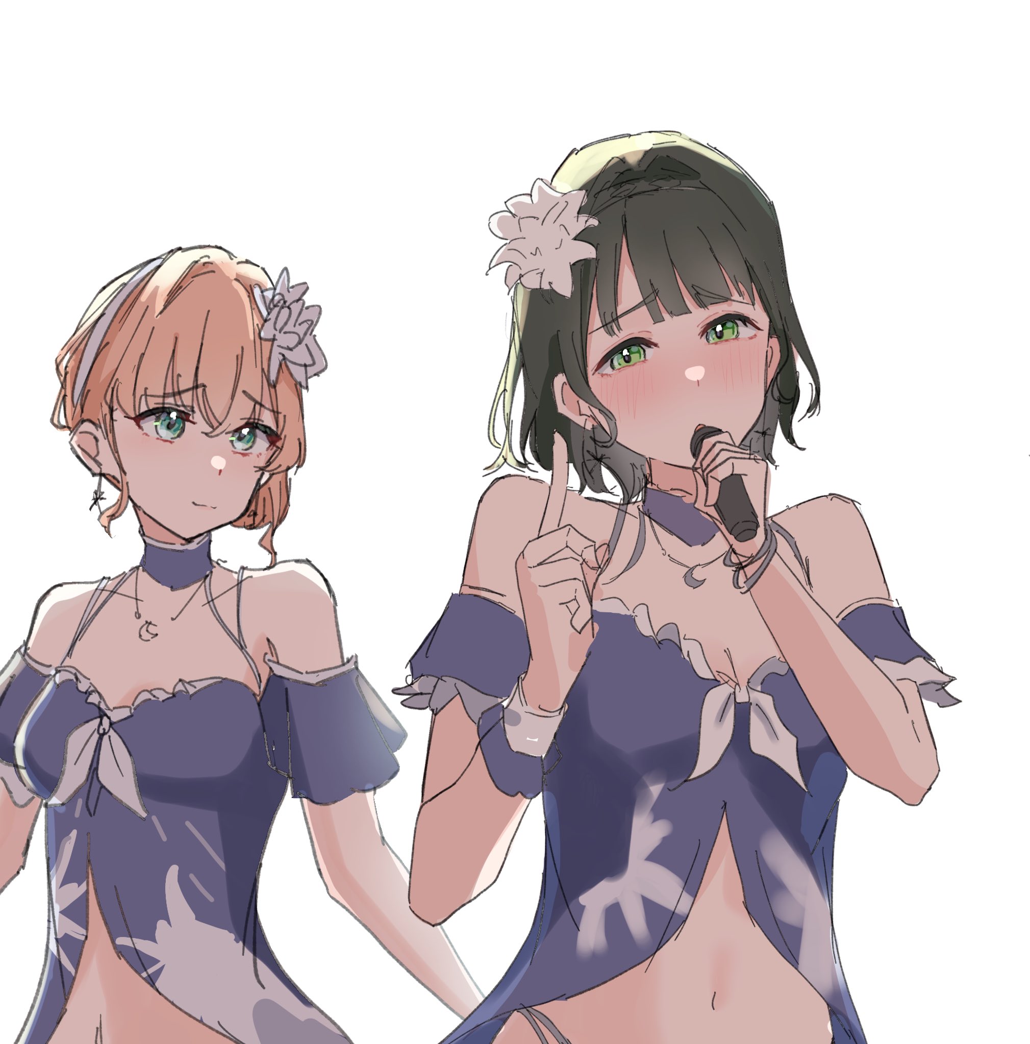 potu sabu, hinoshita kaho, momose ginko, link! like! love live!, love live!, commentary, highres, 2girls, aqua eyes, atarayo hanabi, bare shoulders, bikini, black hair, blue bikini, blunt bangs, bob cut, breasts, cerise bouquet, cleavage, detached sleeves, flower, hair flower, hair ornament, hairband, looking at another, lotus, medium breasts, multi-strapped bikini top, multiple girls, navel, official alternate costume, orange eyes, raised inner eyebrows, short hair, simple background, swimsuit, upper body, virtual youtuber, white background, white flower, white hairband