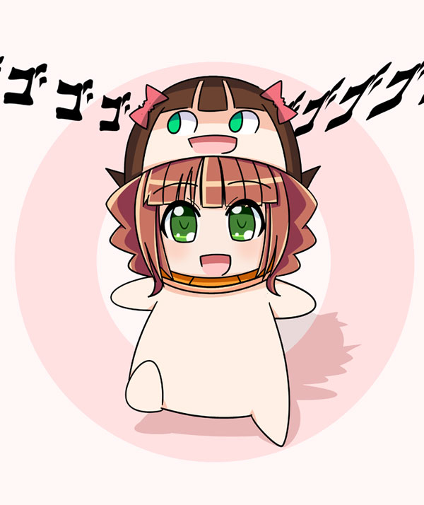 isacoo, kemeko, kemeko (kemeko deluxe), nonowa, takatsuki yayoi, idolmaster, idolmaster (classic), idolmaster 1, kemeko deluxe, 1girl, brown hair, chibi, female focus, green eyes, parody, solo, twintails