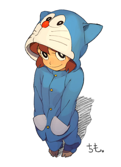 ryo chimo, doraemon (character), minamoto shizuka, doraemon, blush, child, cosplay, doraemon (cosplay), from above, hands in pockets, looking up, pajamas, solo, twintails
