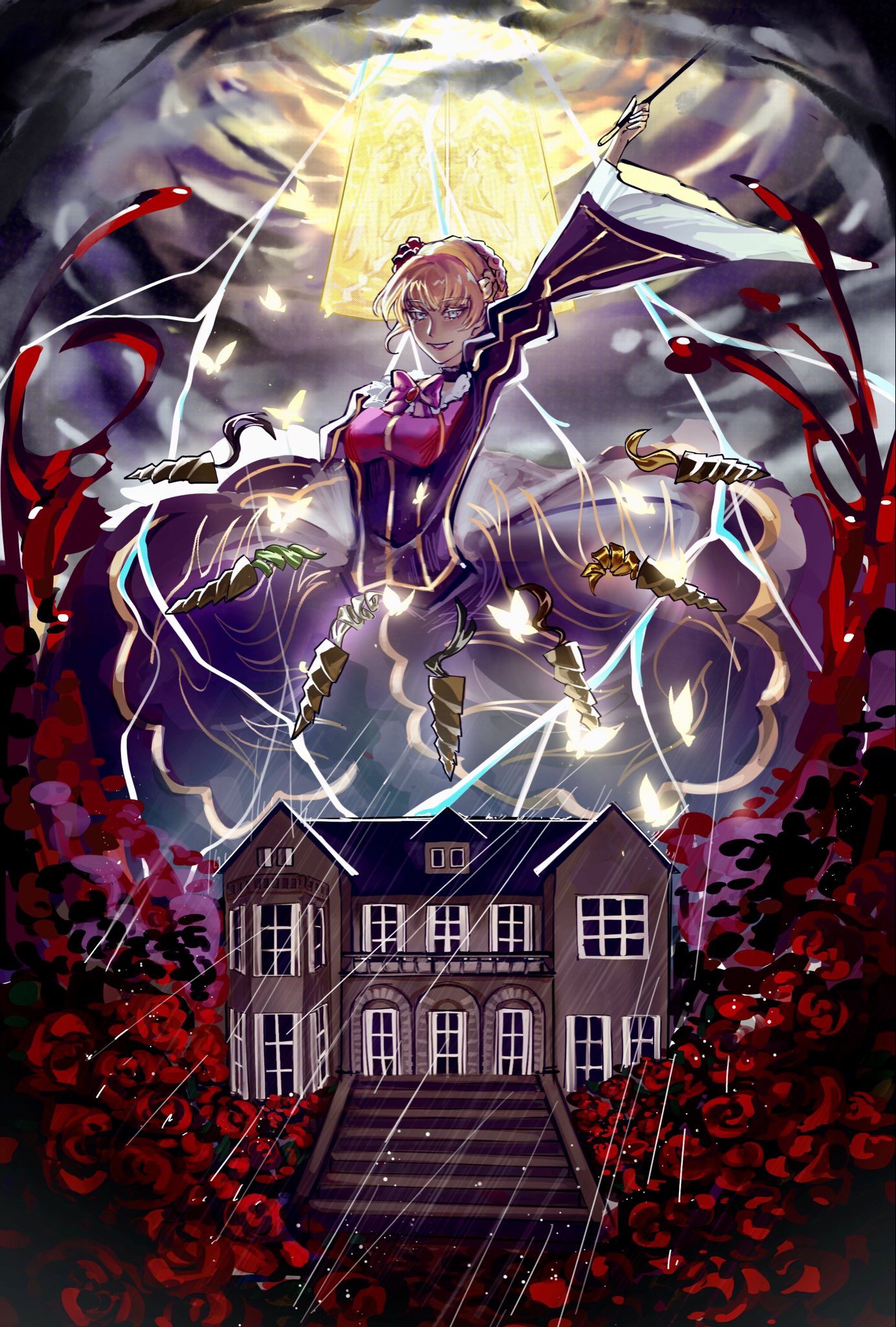 sanliguilia, beatrice (umineko), umineko no naku koro ni, commentary request, highres, 1girl, black dress, blonde hair, blue eyes, braid, dress, eyelashes, flower, holding, holding smoking pipe, lightning, looking at viewer, mansion, rain, red flower, red rose, rose, smile, smoking pipe, storm