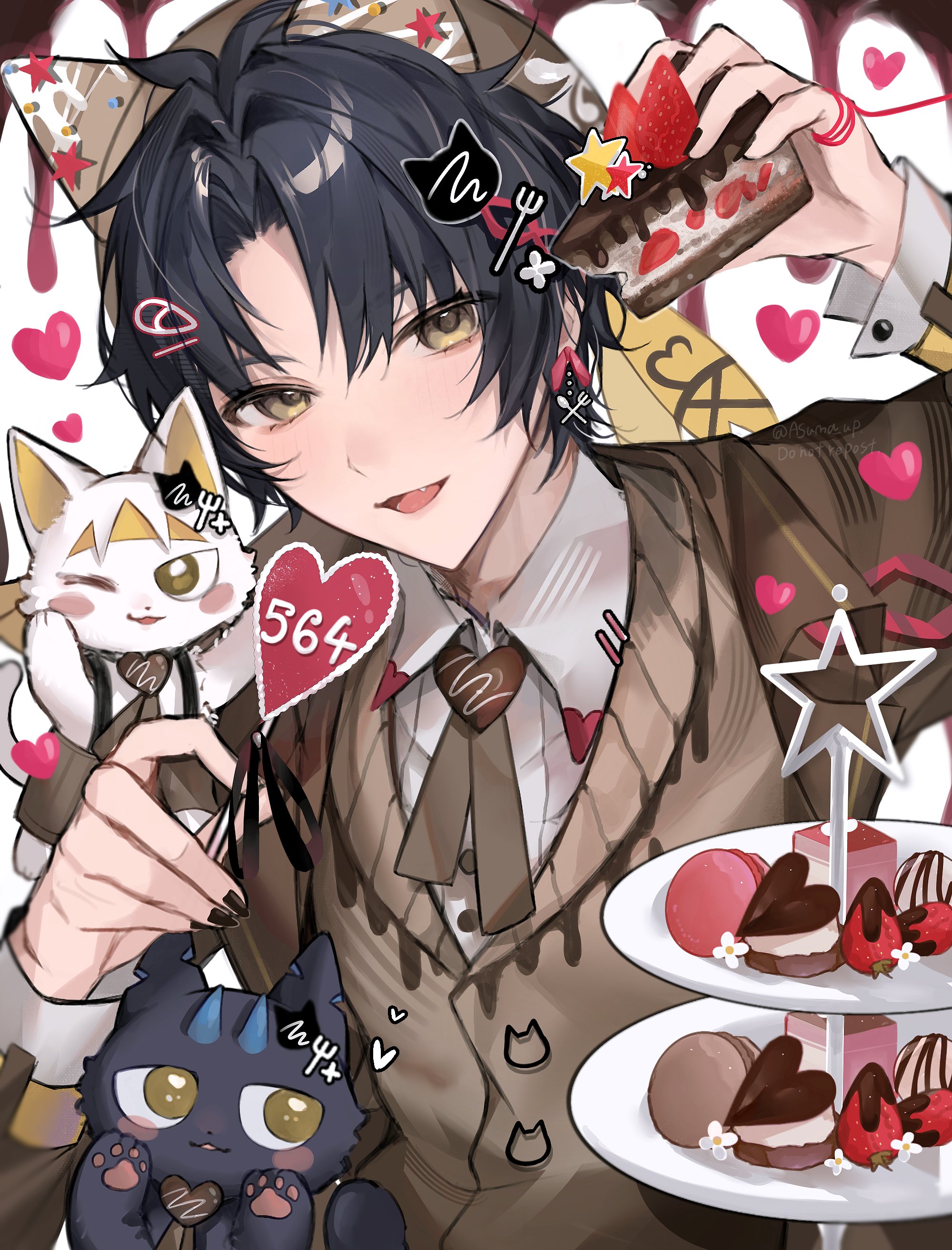 asuma up, asaba harumasa, zenless zone zero, absurdres, commentary, english commentary, highres, 1boy, 2others, animal ear hairband, animal ears, animal hands, bag, black cat, black hair, black nails, blue horns, blush, bow, bowtie, brown bow, brown bowtie, brown sweater, cake, cat, cat ear hairband, cat ears, chocolate, chocolate-covered food, chocolate strawberry, dessert, earrings, fake animal ears, fang, food, fruit, hair ornament, hairband, hairclip, hairpin, head tilt, heart, holding, holding cake, holding food, horns, jewelry, looking at viewer, male focus, multiple others, one eye closed, open clothes, parted bangs, shirt, short hair, smile, star (symbol), strawberry, strawberry shortcake, string, string of fate, sweater, white background, white cat, white shirt, yellow eyes