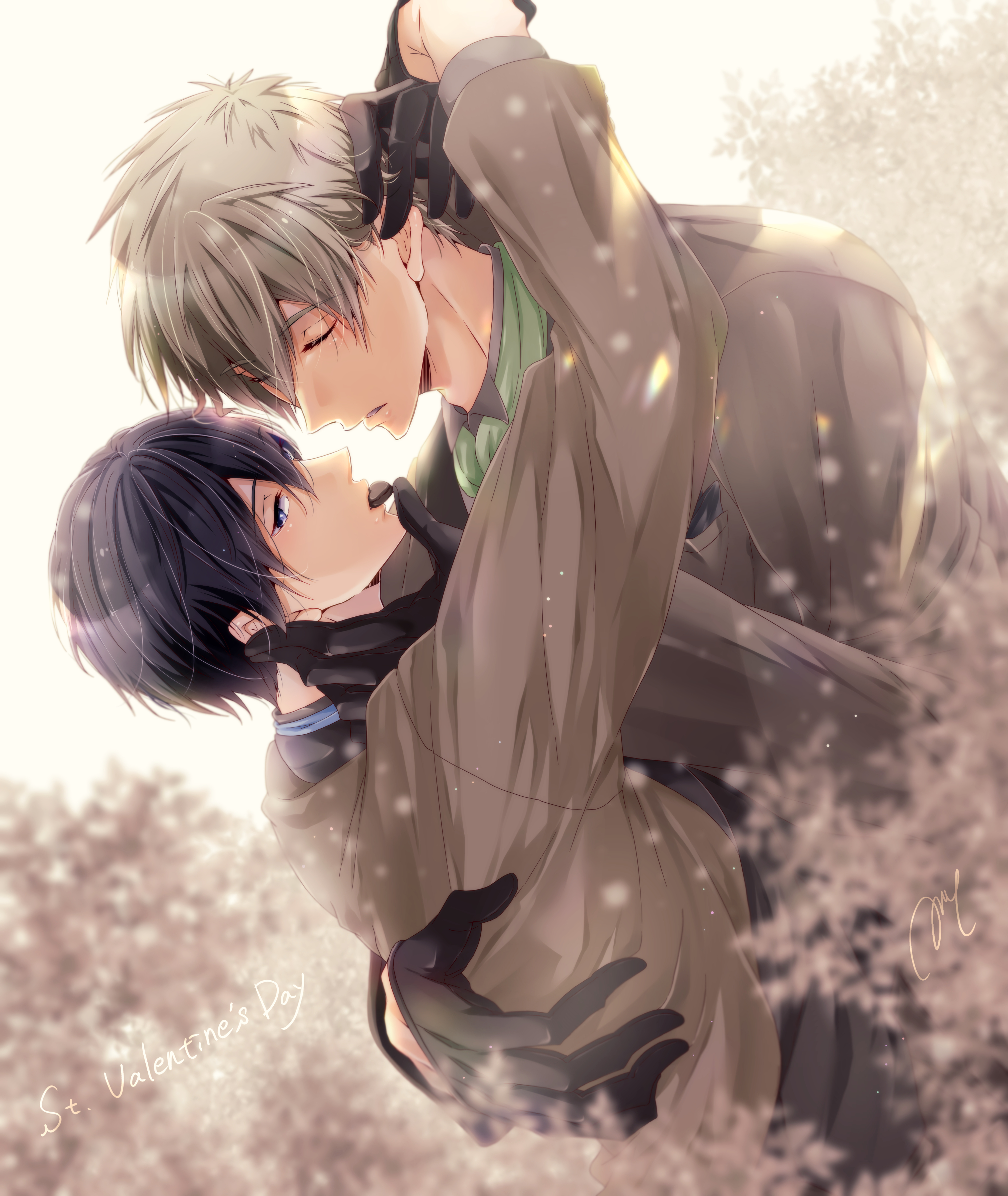tsuiri siroiro, nanase haruka (free!), tachibana makoto, free!, absurdres, commentary, highres, symbol-only commentary, 2boys, arm around back, arms around neck, arms up, black gloves, blue eyes, brown hair, candy, chocolate, chocolate heart, closed eyes, coat, dutch angle, food, food in mouth, gloves, grey coat, heart, heart-shaped food, looking at another, male focus, multiple boys, parted bangs, yaoi