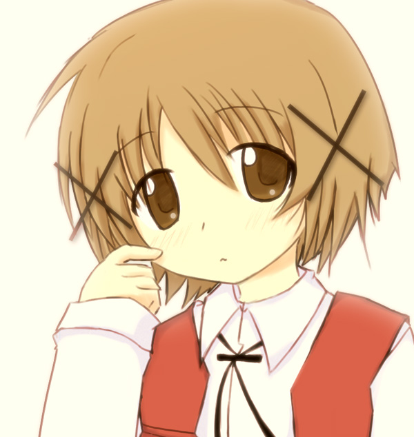 isacoo, yuno (hidamari sketch), hidamari sketch, 00s, 1girl, brown eyes, brown hair, female focus, looking at viewer, school uniform, short hair, solo, white background, yamabuki high school uniform