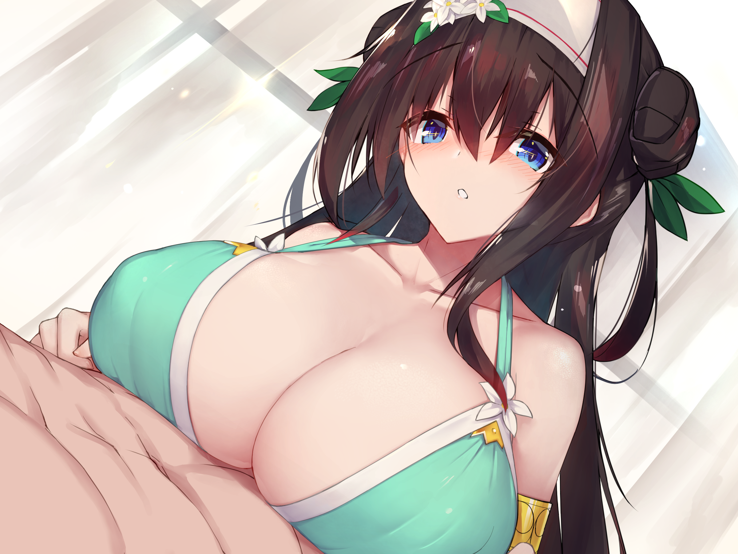 yki, aigis (persona), rinne (sennen sensou aigis), sennen sensou aigis, 1boy, 1girl, :o, abs, bikini, blue eyes, blush, breast press, breasts, brown hair, curtains, flower, flower on head, gigantic breasts, hair bun, hair intakes, huge breasts, imminent paizuri, implied paizuri, long hair, paizuri, swimsuit