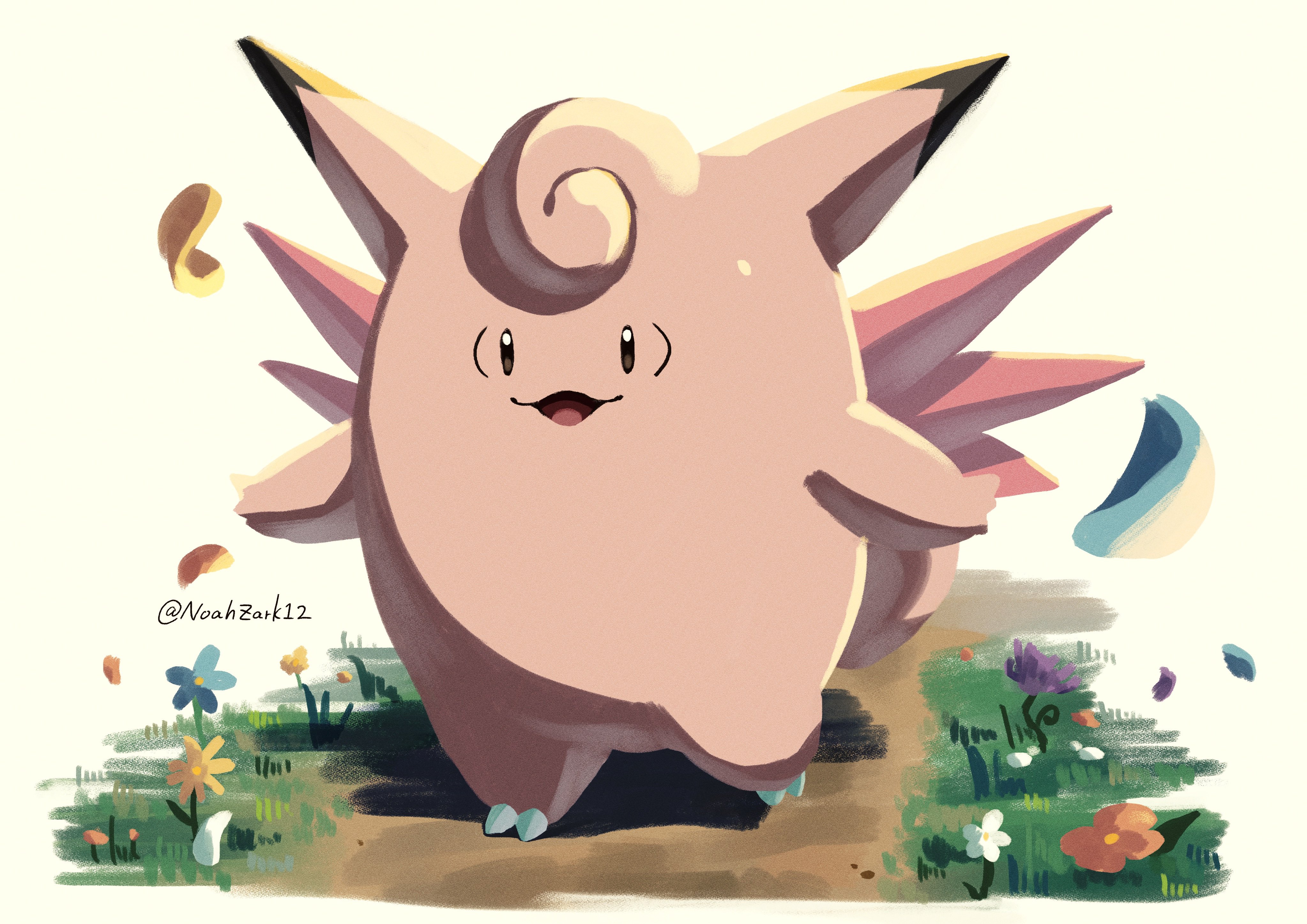 noahzark1212, clefable, nintendo, pokemon, absurdres, highres, flower, full body, gen 1 pokemon, grass, horns, looking at viewer, no humans, open mouth, petals, pokemon (creature), pokemon focus, smile, solo, tail, wings