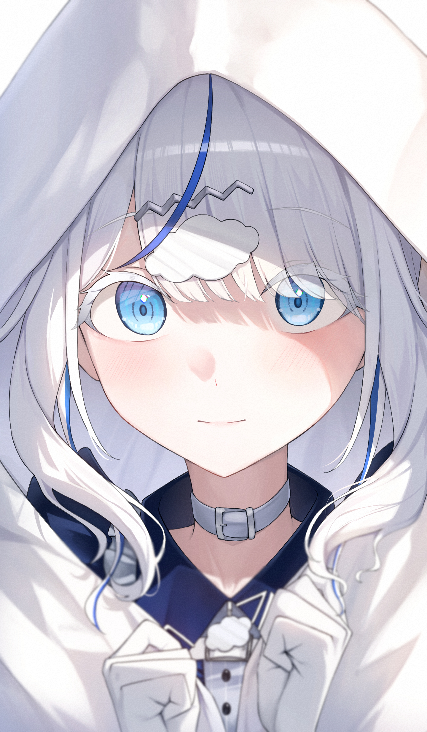 qoray7, stellive, absurdres, commentary, highres, 1girl, blue eyes, choker, closed mouth, colored eyelashes, gloves, grey choker, grey hair, hands up, looking at viewer, multicolored hair, parted bangs, portrait, solo, streaked hair, virtual youtuber, white gloves, white hood