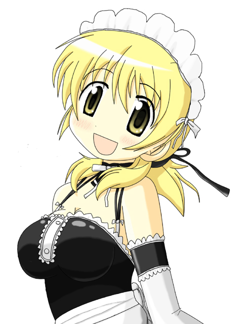 kou (pixiv199254), miyako (hidamari sketch), sawatari mitsuki, hidamari sketch, kore ga watashi no goshujin-sama, brown legwear, 1girl, alternate costume, bare shoulders, blonde hair, blush, breasts, cleavage, cosplay, detached collar, elbow gloves, enmaided, female focus, gloves, looking at viewer, maid, maid headdress, medium breasts, nakabayashi yoshitaka's maid uniform, sawatari mitsuki (cosplay), simple background, smile, solo, upper body, white background, white gloves, yellow eyes