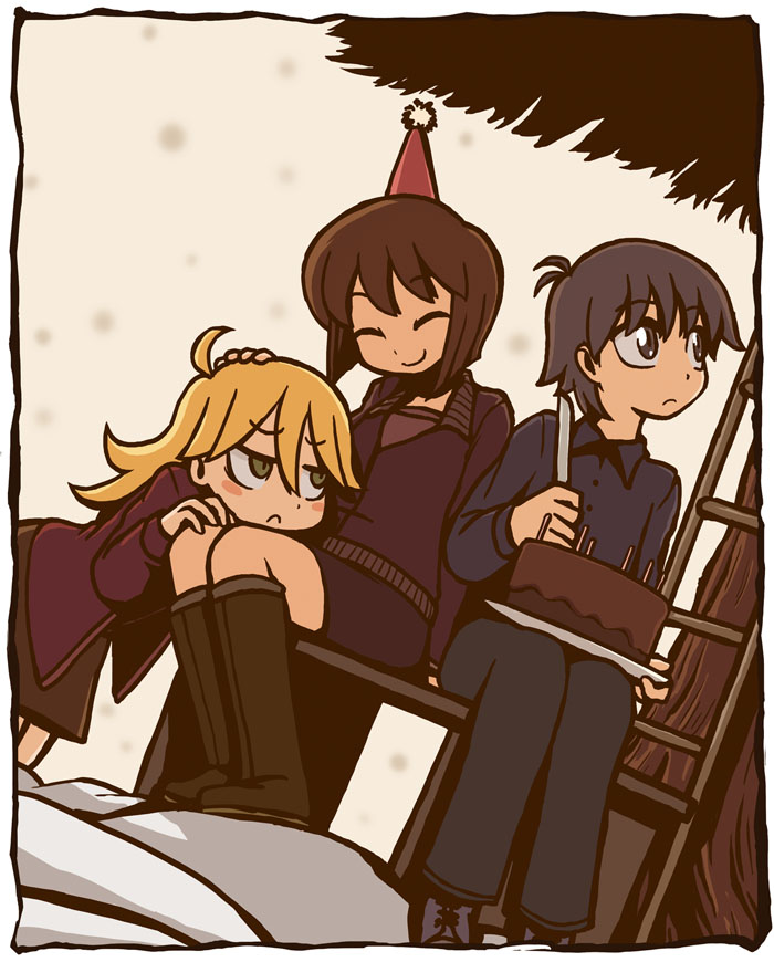 riyo (lyomsnpmp), hagiwara yukiho, hoshii miki, kikuchi makoto, idolmaster, idolmaster (classic), idolmaster 1, 00s, 3girls, ahoge, antenna hair, bench, birthday, blonde hair, boots, brown eyes, brown hair, cake, christmas, closed eyes, crossdressing, crossdressing (ftm), dutch angle, food, green eyes, hat, head rest, jacket, knife, long hair, looking up, multiple girls, party hat, pastry, short hair, skirt, smile, snow, tree, winter, yuri