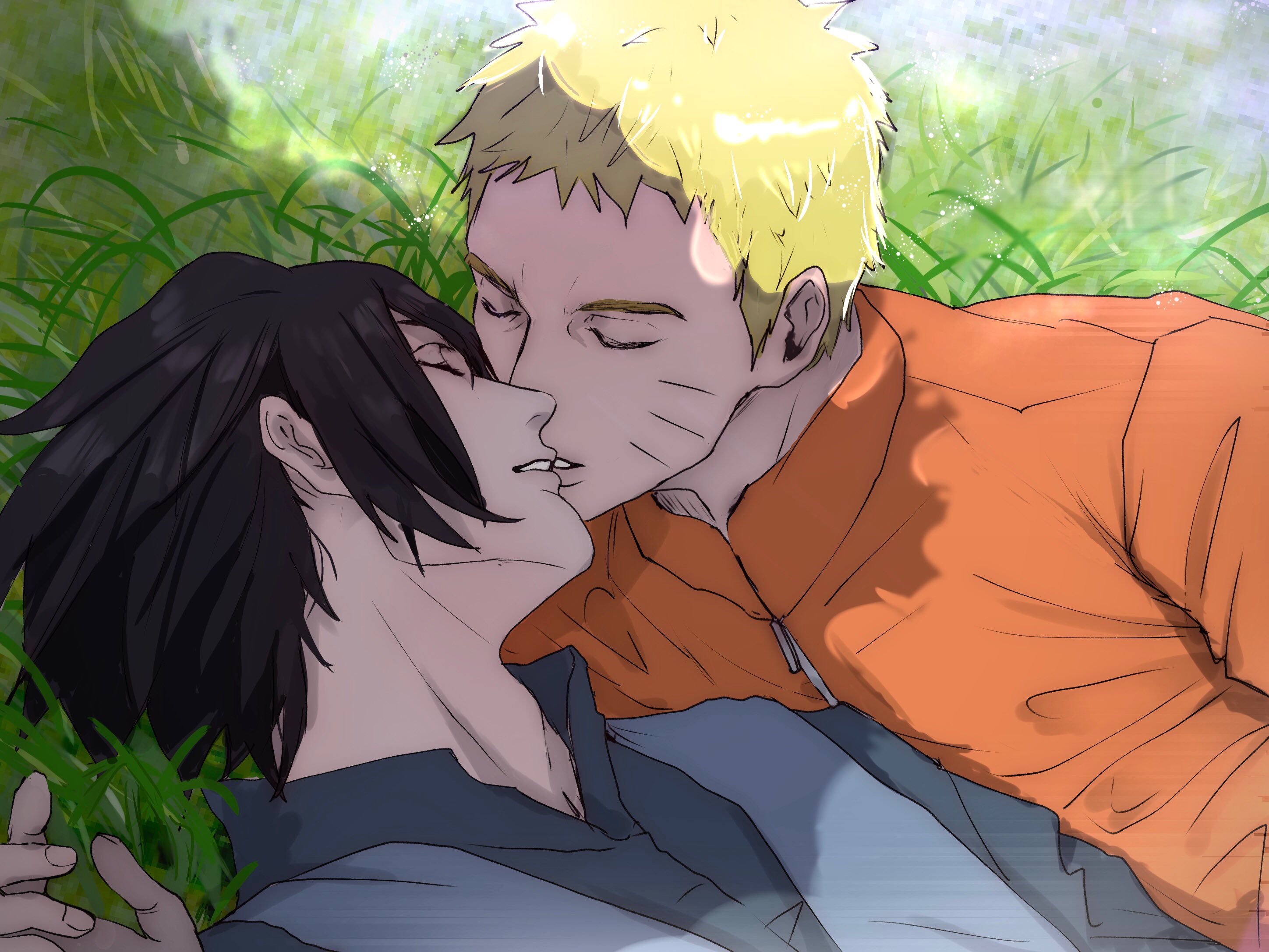 mi73suki, uchiha sasuke, uzumaki naruto, boruto: naruto next generations, naruto (series), commentary, hashtag-only commentary, highres, 2boys, black hair, black shirt, blonde hair, closed eyes, collared jacket, facial mark, field, grass, jacket, kiss, long sleeves, lying, male focus, medium sideburns, multiple boys, on back, open collar, outdoors, parted lips, shirt, smile, teeth, upper body, vest, whisker markings, yaoi, zipper, zipper pull tab