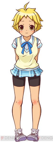 saeki noa, hachi koi, 1girl, ahoge, arms behind back, bike shorts, blonde hair, blush, bow, female focus, ribbon, shoes, short hair, skirt, smile, sneakers, solo, tomboy, watermark, yellow eyes