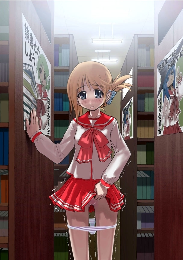 komaki manaka, kurusugawa serika, multi (to heart), to heart, to heart (series), to heart 2, 00s, 1girl, blush, book, cardigan, clothes lift, female focus, folded ponytail, hat, library, panties, panty pull, poster (medium), poster (object), public indecency, pussy, robot ears, school uniform, serafuku, skirt, skirt lift, solo, trembling, underwear, witch hat