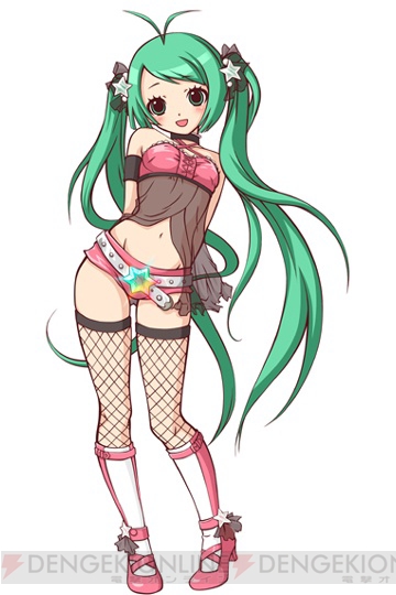 nagashima haruka, nagashima haruko, hachi koi, 1girl, :d, antenna hair, arms behind back, belt, blush, female focus, fishnet thighhighs, fishnets, full body, green eyes, green hair, groin, hair ornament, idol, long hair, looking at viewer, matching hair/eyes, midriff, navel, open mouth, panties, see-through clothes, shoes, simple background, smile, solo, standing, star (symbol), thighhighs, twintails, underwear, watermark
