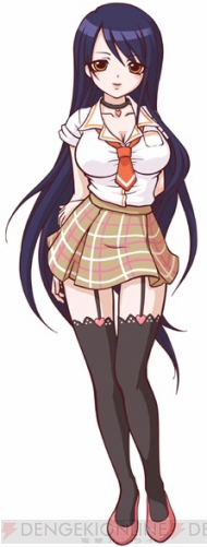 ayukawa sayaka, hachi koi, 1girl, arms behind back, black hair, black thighhighs, blush, breasts, brown eyes, choker, female focus, large breasts, long hair, necktie, plaid clothes, plaid skirt, school uniform, shoes, skirt, smile, socks, solo, thighhighs, watermark