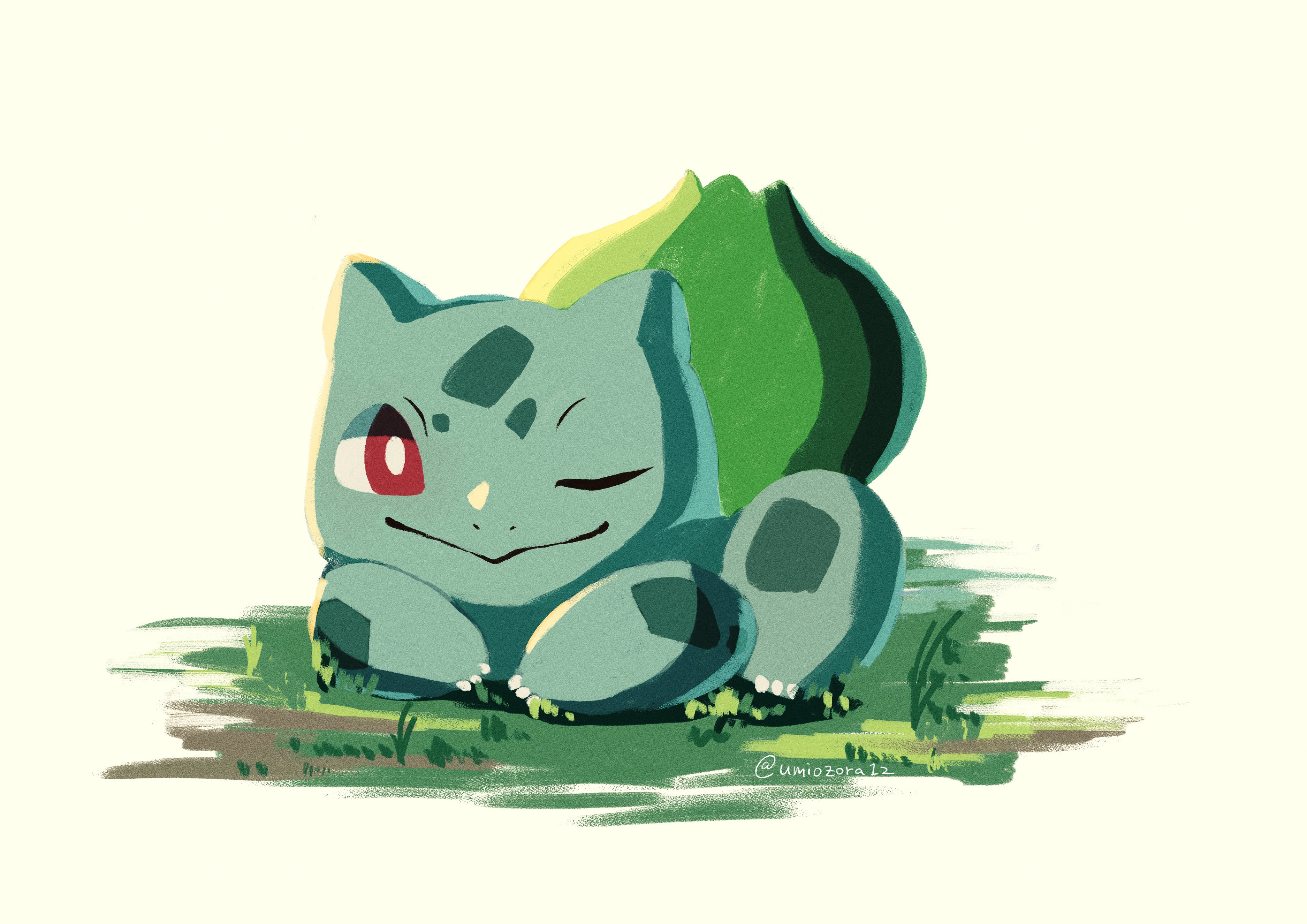 noahzark1212, bulbasaur, nintendo, pokemon, absurdres, highres, animal focus, closed mouth, gen 1 pokemon, grass, looking at viewer, lying, no humans, on stomach, one eye closed, plant, pokemon (creature), pokemon focus, red eyes, smile