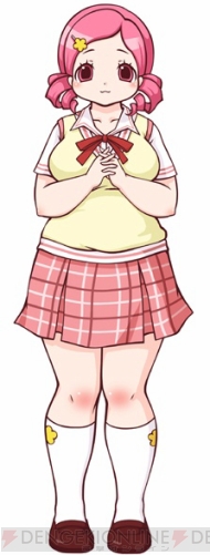 kasugaoka kurumi, hachi koi, official art, 1girl, breasts, drill hair, female focus, kneehighs, large breasts, own hands clasped, own hands together, pink eyes, pink hair, plaid clothes, plaid skirt, plump, ribbon, school uniform, shoes, short hair, short twintails, skirt, smile, socks, solo, standing, twin drills, twintails, watermark, white socks