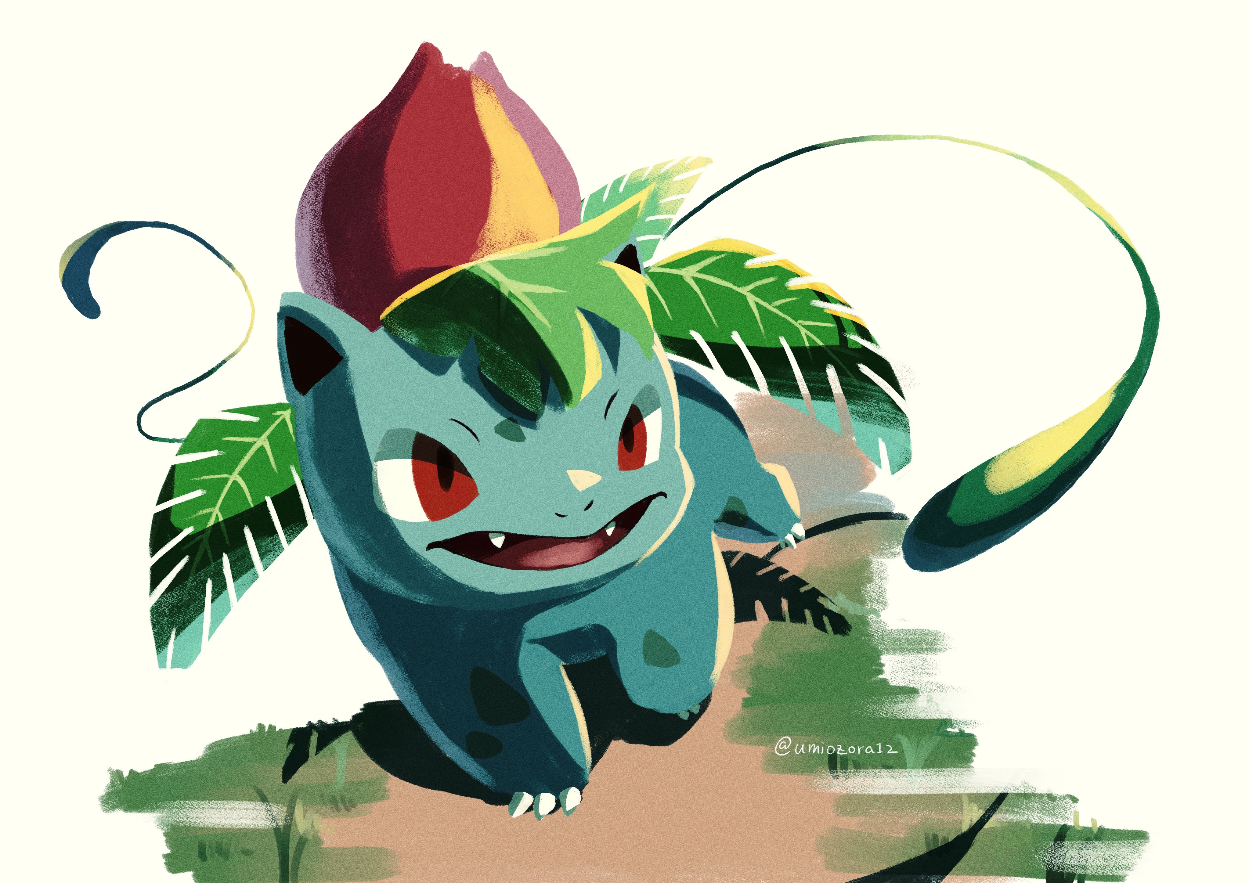 noahzark1212, ivysaur, nintendo, pokemon, absurdres, highres, animal focus, claws, fangs, gen 1 pokemon, leaf, no humans, open mouth, plant, pokemon (creature), pokemon focus, red eyes, solo, vines