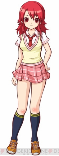asou akane, hachi koi, source request, 1girl, black socks, female focus, hand on own hip, kneehighs, light smile, necktie, plaid clothes, plaid skirt, red eyes, red hair, school uniform, shoes, short hair, skirt, smile, sneakers, socks, solo, watermark