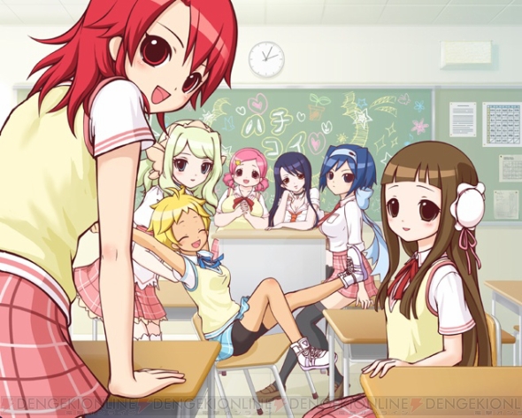 asou akane, ayukawa sayaka, kasugaoka kurumi, kirishima mirai, konishi hina, maria wallenstein, saeki noa, hachi koi, 6+girls, black hair, blonde hair, blue eyes, blue hair, blush, brown eyes, brown hair, chalkboard, classroom, clock, female focus, green hair, hairband, indoors, long hair, looking back, multiple girls, pink hair, plaid clothes, plaid skirt, red eyes, red hair, school, school uniform, shoes, short hair, sitting, skirt, smile, sneakers, twintails, watermark