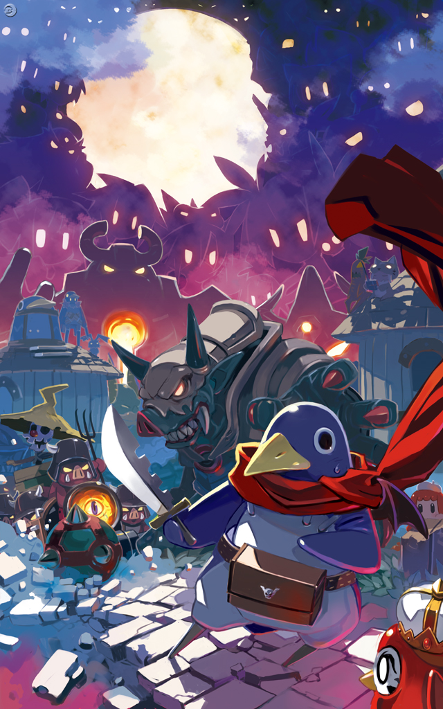 harada takehito, adell (disgaea), etna (disgaea), orc (disgaea), prinny, rozalin, saber kitty (disgaea), disgaea, nippon ichi, prinny (series), prinny can i really be the hero?, prinny ~ore ga shujinkou de iinsuka?~, 3boys, 3girls, demon, multiple boys, multiple girls, prinny (seres), scarf, sword, weapon