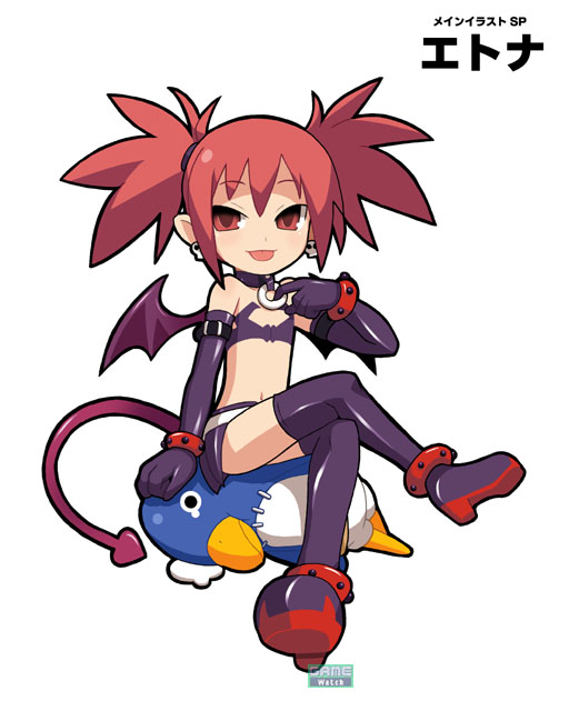 etna (disgaea), prinny, disgaea, makai senki disgaea, makai senki disgaea 2, makai senki disgaea 3, nippon ichi, 00s, 1girl, bat wings, character name, crossed legs, demon, demon girl, earrings, elbow gloves, female focus, gloves, jewelry, pointy ears, red eyes, red hair, sitting, skirt, smile, solo, tail, thighhighs, twintails, wings