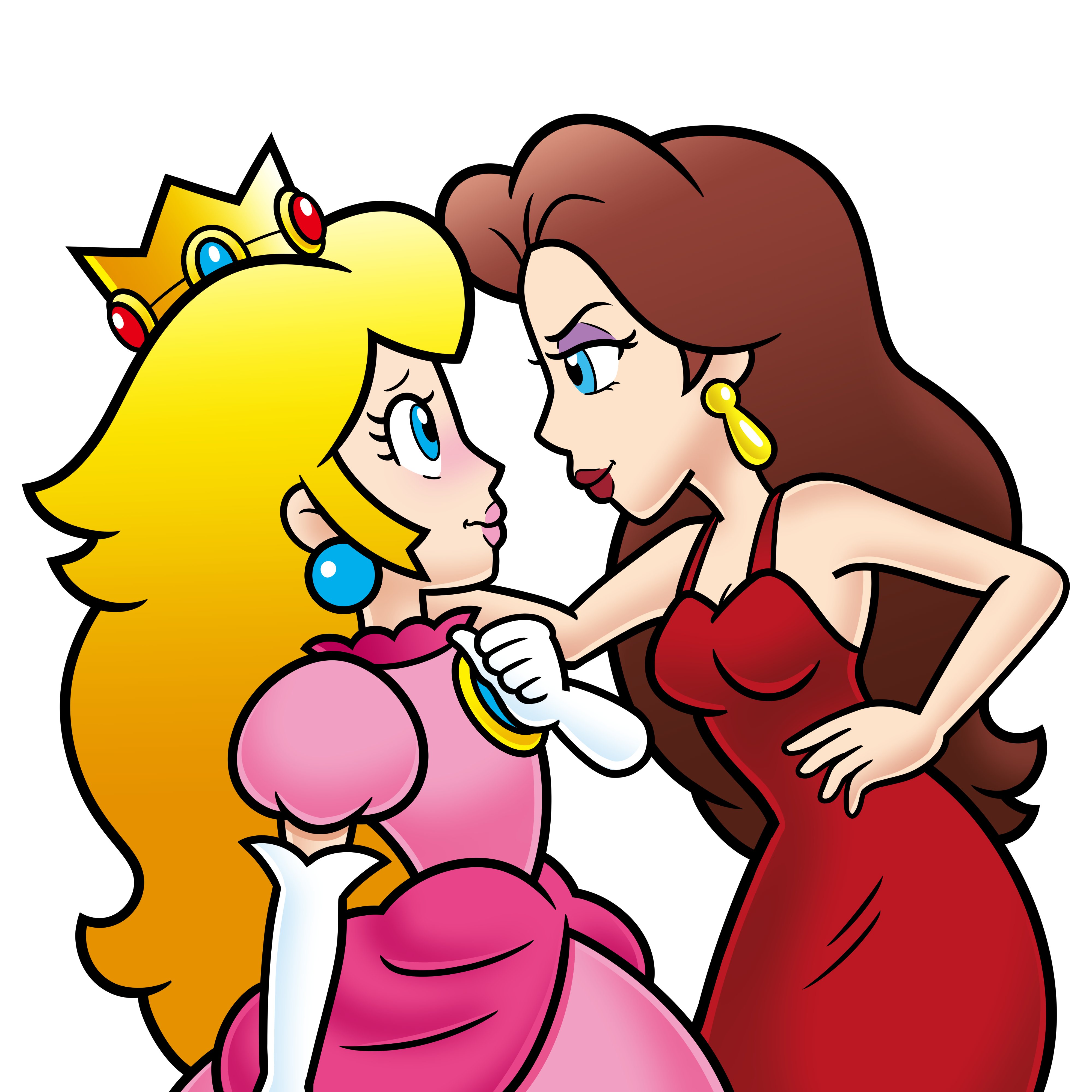 doc shoddy, pauline (mario), princess peach, mario (series), nintendo, absurdres, highres, 2girls, blonde hair, blue eyes, breasts, brown hair, crown, dress, earrings, elbow gloves, eyeshadow, from side, gloves, hand on own hip, jewelry, long hair, looking at another, makeup, medium breasts, multiple girls, nakaue shigehisa (style), pink dress, puffy short sleeves, puffy sleeves, purple eyeshadow, red dress, short sleeves, simple background, sleeveless, sleeveless dress, sphere earrings, white background, white gloves
