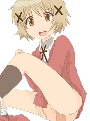 ta (tama20150125), yuno (hidamari sketch), hidamari sketch, bad id, bad pixiv id, lowres, 00s, 1girl, bottomless, brown eyes, brown hair, censored, mosaic censoring, penis, school uniform, sex, short hair, solo focus, vaginal, yamabuki high school uniform