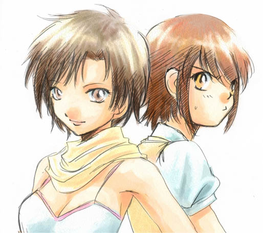 forest penguin, tatsuri (forest penguin), enora taft, kenran butou sai, 00s, 2girls, angry, bare shoulders, brown eyes, brown hair, camisole, dual persona, looking back, multiple girls, scarf, school uniform, short hair, smile, sweater vest, vest, yellow eyes