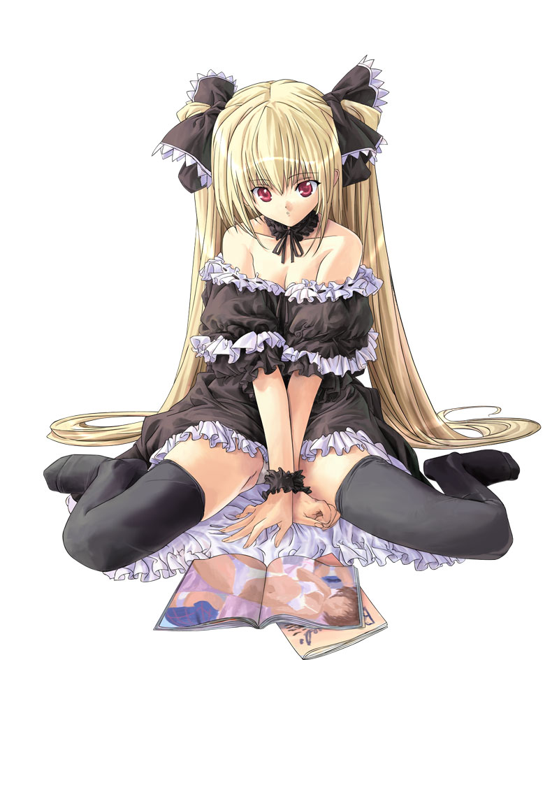 kiyama satoshi, eve (black cat), black cat (series), 00s, 1girl, blonde hair, bow, collar, female focus, frills, goth fashion, gothic lolita, lolita fashion, long hair, panties, pantyshot, solo, thighhighs, twintails, underwear, very long hair
