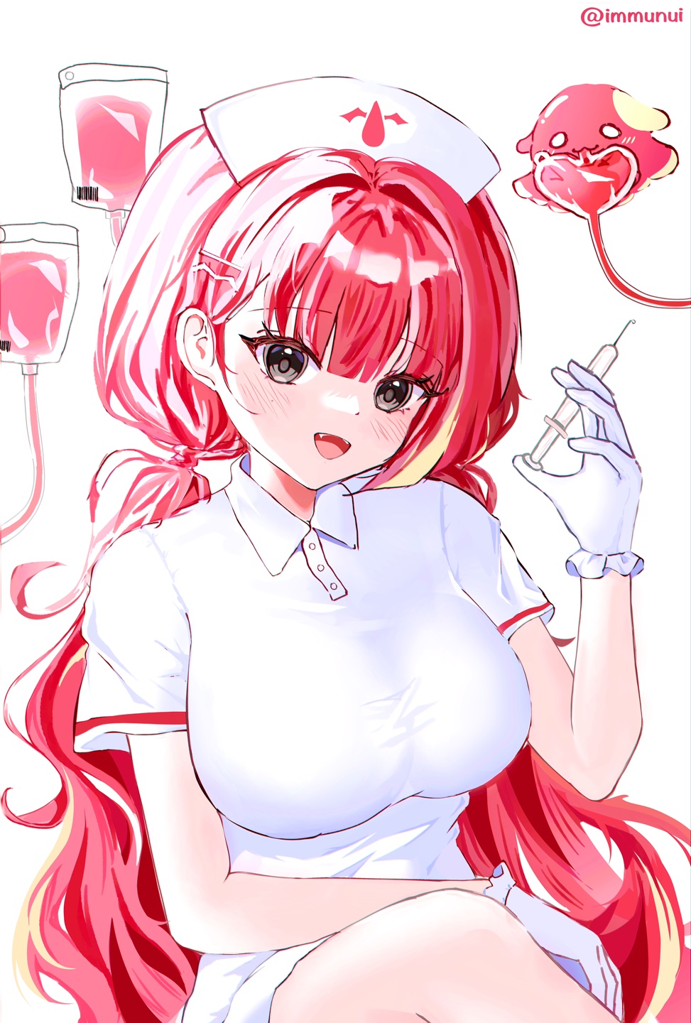 akane lize, stellive, commentary request, highres, korean commentary, 1girl, artist name, breasts, collared shirt, frilled gloves, frills, gloves, grey eyes, hand up, hat, holding, holding syringe, intravenous drip, large breasts, light blush, long hair, looking at viewer, low twintails, munui, nurse cap, open mouth, pienna (akane lize), red hair, shirt, short sleeves, simple background, sitting, smile, solo, syringe, twintails, very long hair, virtual youtuber, white background, white gloves, white shirt, wing collar
