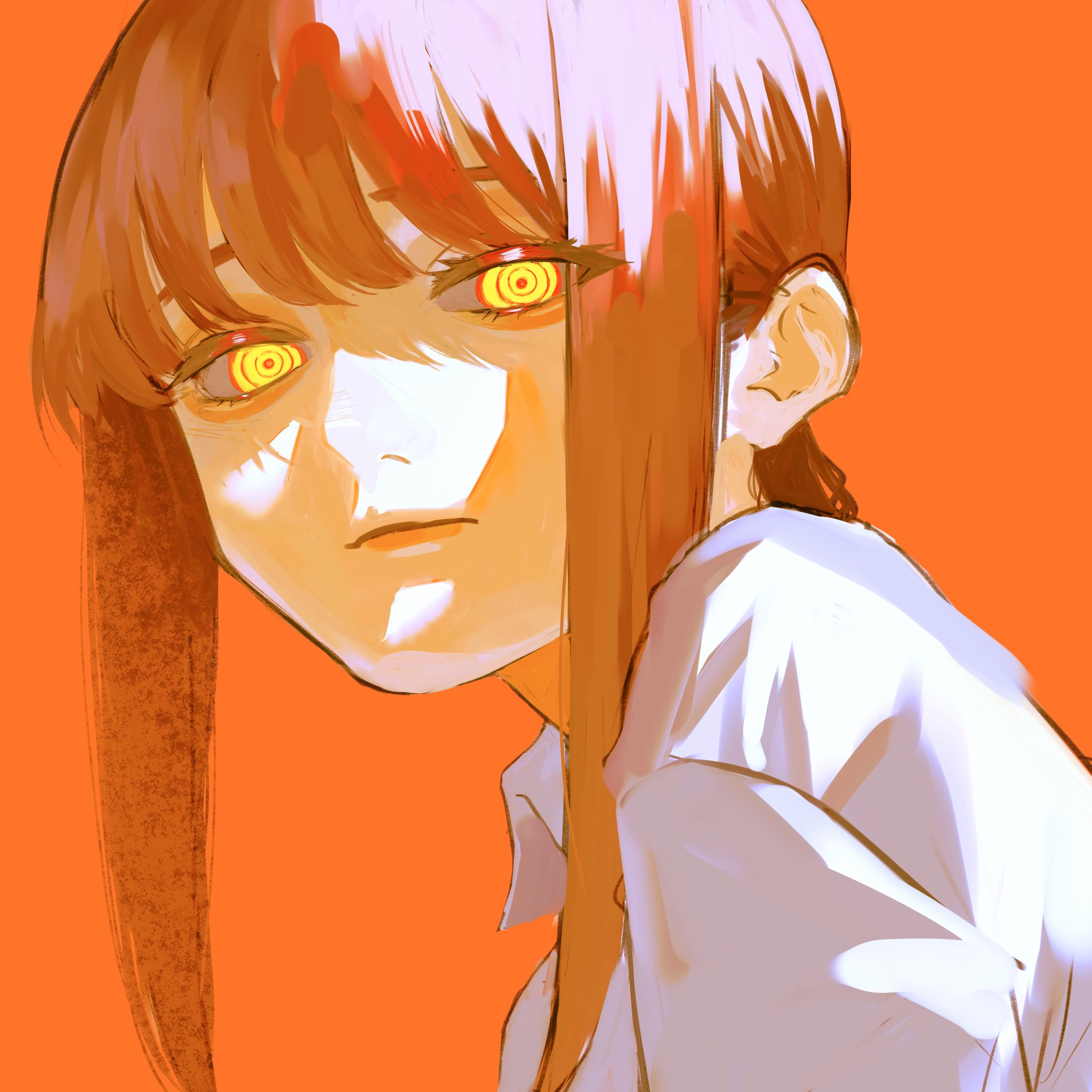 bonjindaaa, makima (chainsaw man), chainsaw man, highres, 1girl, closed mouth, looking at viewer, orange background, red hair, ringed eyes, shirt, sidelocks, simple background, solo, white shirt, yellow eyes