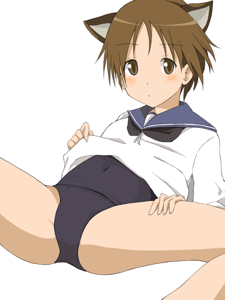 ta (tama20150125), miyafuji yoshika, strike witches, world witches series, bad id, bad pixiv id, 00s, 1girl, animal ears, black one-piece swimsuit, brown eyes, brown hair, clothes lift, female focus, midriff, navel, no pants, one-piece swimsuit, school swimsuit, school uniform, serafuku, shirt lift, short hair, solo, spread legs, swimsuit, swimsuit under clothes