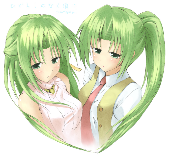 mintol (qool+), sonozaki mion, sonozaki shion, higurashi no naku koro ni, 00s, 2girls, green eyes, green hair, hair ribbon, half updo, kohane, long hair, multiple girls, necktie, ponytail, red necktie, ribbon, siblings, sisters, twins