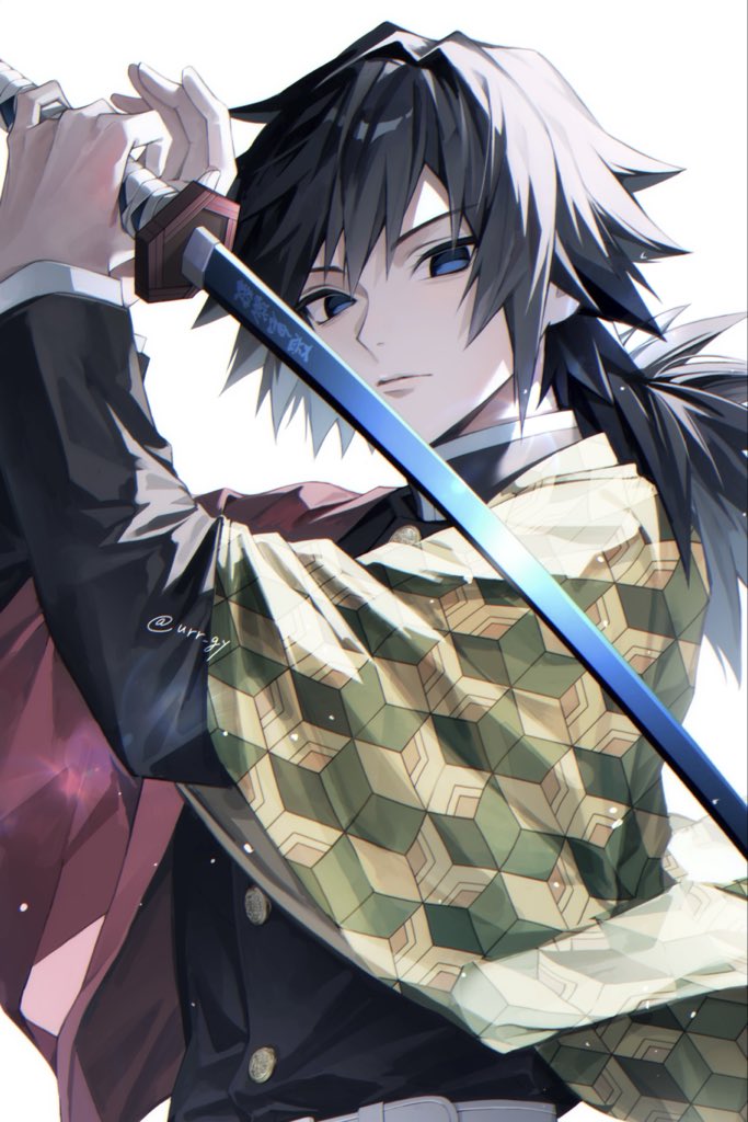 tomioka giyuu, kimetsu no yaiba, 1boy, belt, black hair, black jacket, blue eyes, buttons, closed mouth, demon slayer uniform, empty eyes, gold buttons, hands up, haori, high collar, holding, holding sword, holding weapon, jacket, japanese clothes, katana, kikkoumon, looking at viewer, low ponytail, male focus, ponytail, print haori, red haori, simple background, solo, spiked hair, sword, sword writing, twitter username, urr gy, weapon, white background, white belt